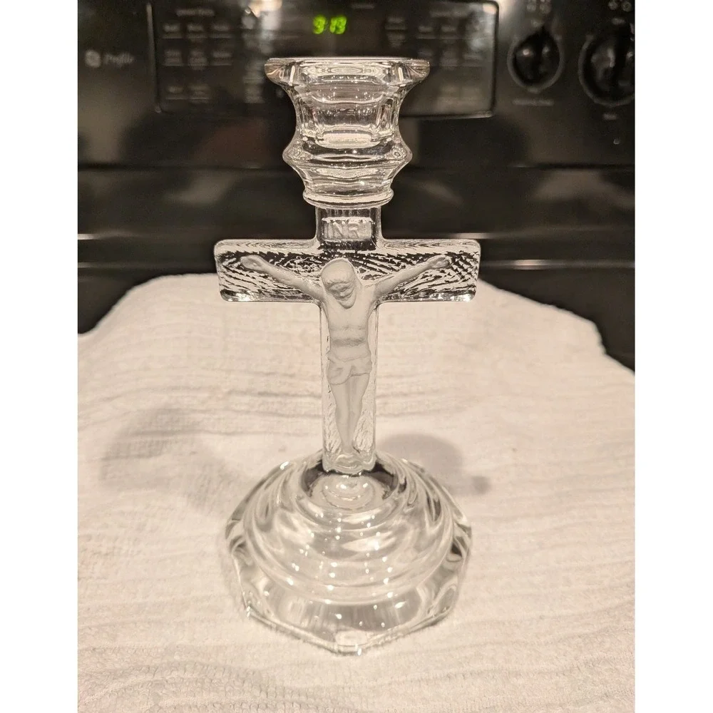 Clear Glass Crucifix Candle Holder Frosted Jesus Figurine Religious Decor